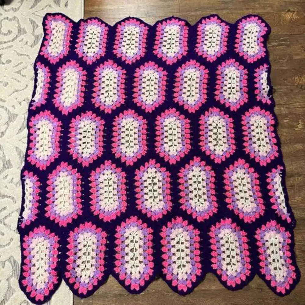 Vintage Purple and Pink Oval Granny Square Crochet Afghan Throw Blanket